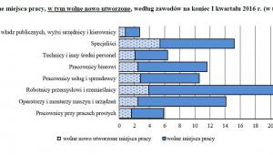 Wolne miejsca pracy, w tym wolne nowo utworzone, według zawodów na koniec I kwartału 2016 r. (w tys.)